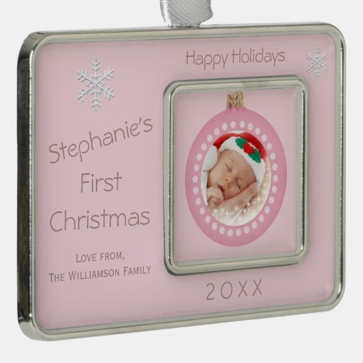 女の赤ちゃんの第1クリスマスの休日の写真 シルバープレートフレームオーナメント (右)