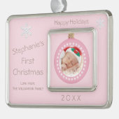 女の赤ちゃんの第1クリスマスの休日の写真 シルバープレートフレームオーナメント (左)