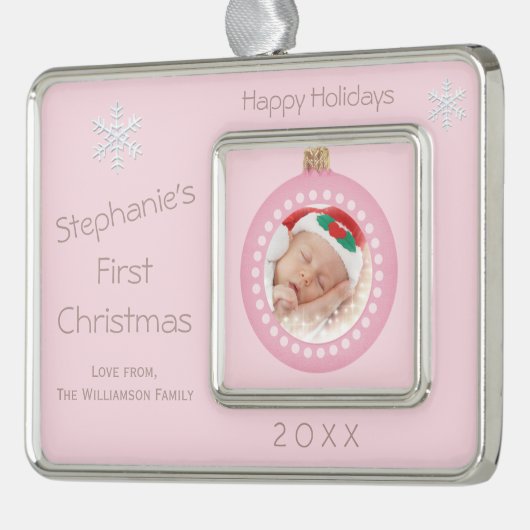 女の赤ちゃんの第1クリスマスの休日の写真 シルバープレートフレームオーナメント (左)