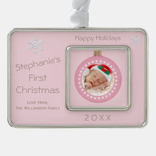 女の赤ちゃんの第1クリスマスの休日の写真 シルバープレートフレームオーナメント (正面)