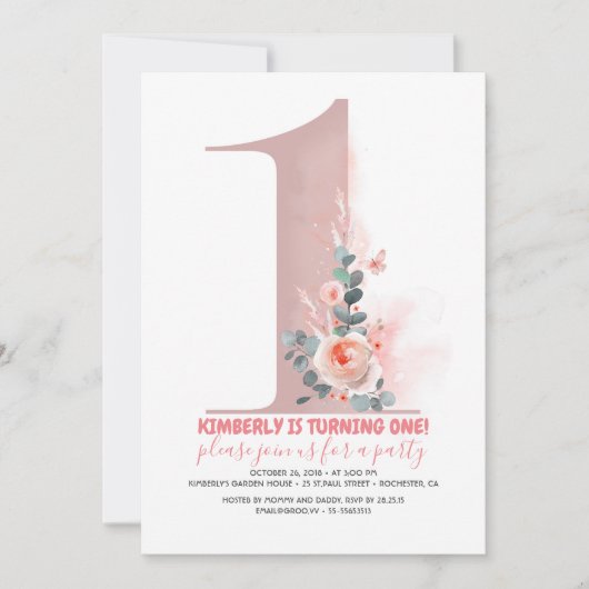 女の赤ちゃんの第1誕生日の招待状 招待状 (正面)