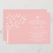 女の赤ちゃんの聖名祝日のピンクの蝶生命の樹 招待状 (正面/裏面)