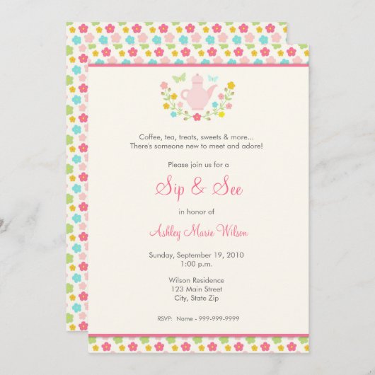 女の赤ちゃんの花の一口は招待状を見、 招待状 (正面/裏面)