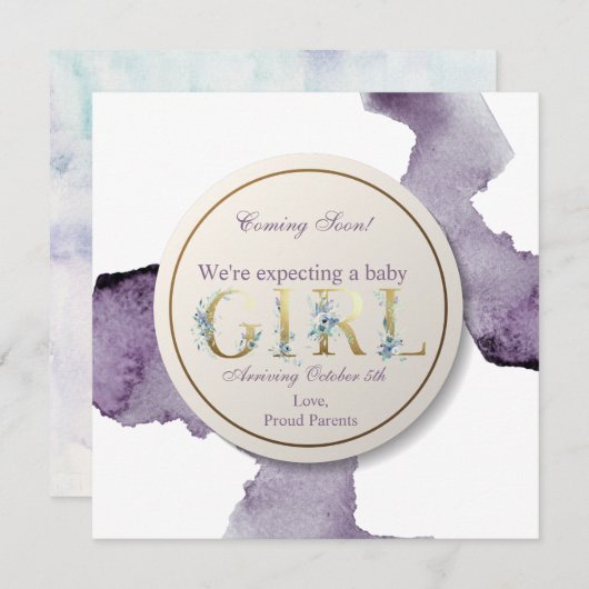 女の赤ちゃんの花柄の水彩画をすぐに来ること 招待状 (正面/裏面)