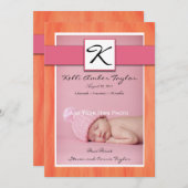 女の赤ちゃんの誕生の発表のピンクのオレンジ 案内状 (正面/裏面)