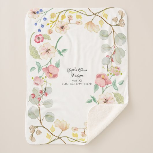 女の赤ちゃんの誕生Statsの赤面のピンクのモダンな花の芸術 シェルパブランケット (正面)