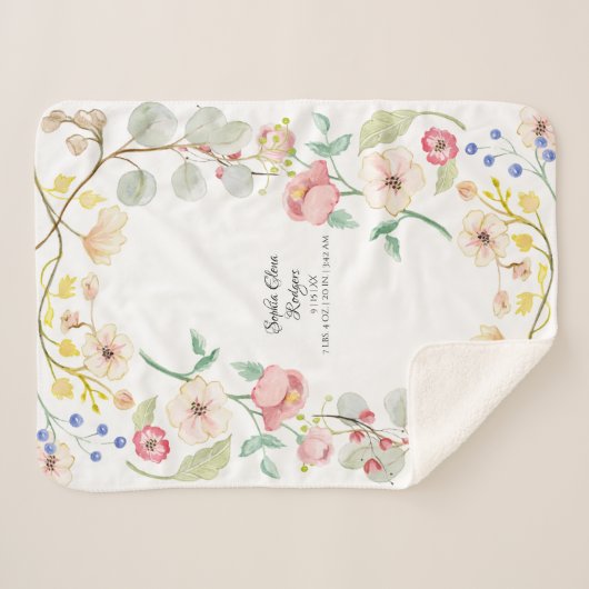 女の赤ちゃんの誕生Statsの赤面のピンクのモダンな花の芸術 シェルパブランケット (正面(横))