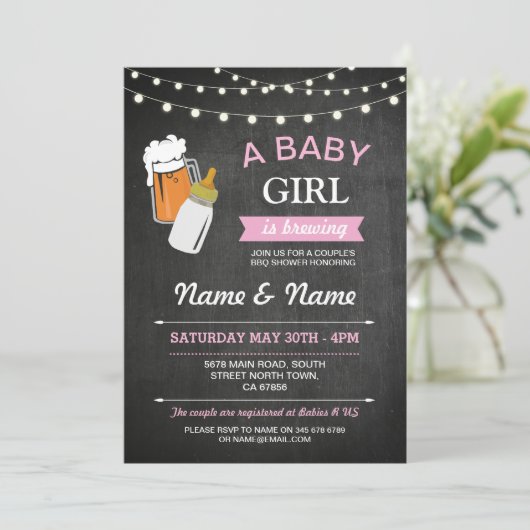 女の赤ちゃんの醸造のシャワービールピンクのチョークの招待 招待状 (スタンド正面)