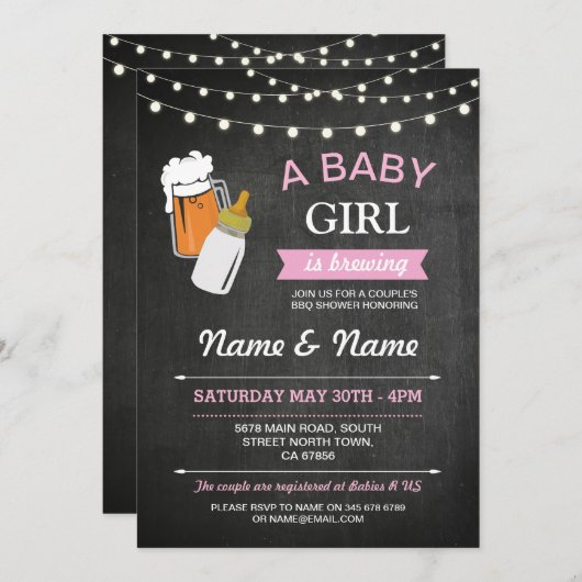 女の赤ちゃんの醸造のシャワービールピンクのチョークの招待 招待状 (正面/裏面)