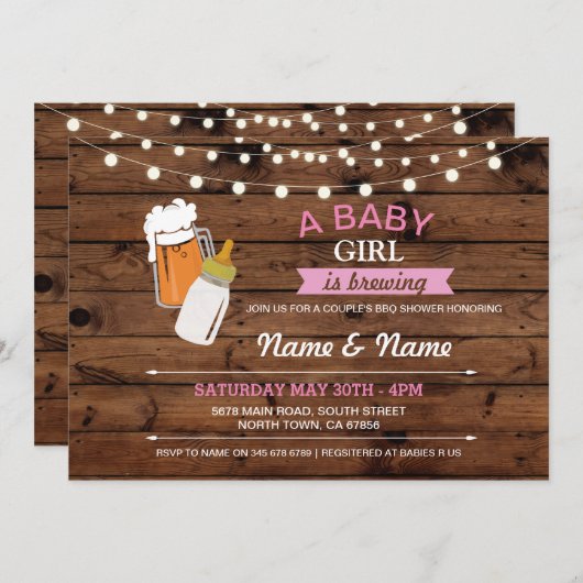 女の赤ちゃんの醸造のシャワービールピンクの木製の招待 招待状 (正面/裏面)