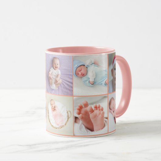 女の赤ちゃんの1歳の誕生日のフォトコラージュ原稿 ピンク マグカップ (正面右)