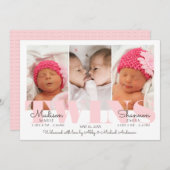 女の赤ちゃんはピンクの誕生の発表のかわいらしい結び付けます 案内状 (正面/裏面)