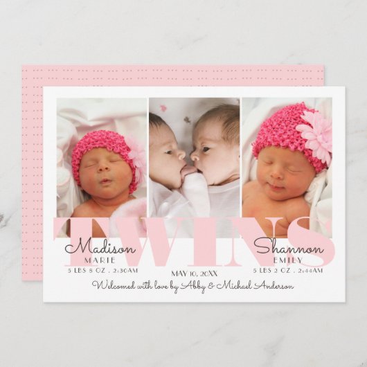 女の赤ちゃんはピンクの誕生の発表のかわいらしい結び付けます 案内状 (正面/裏面)