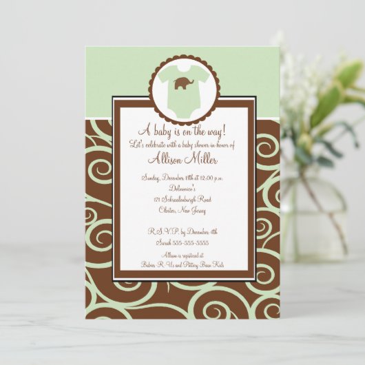 女の赤ちゃんまたは男の子の渦巻のベビーシャワーの招待状 招待状 (スタンド正面)