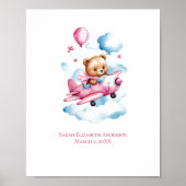 女の赤ちゃんクマが飛行機に乗って空を飛んでいる保育園の壁の絵 ポスター (正面)