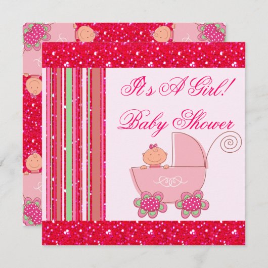 女の赤ちゃん及びきらびやかないちごのピンクのベビーシャワー 招待状 (正面/裏面)