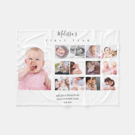 女の赤ちゃん1年写真コラージュ12カ月の贈り物 フリースブランケット (正面(横))