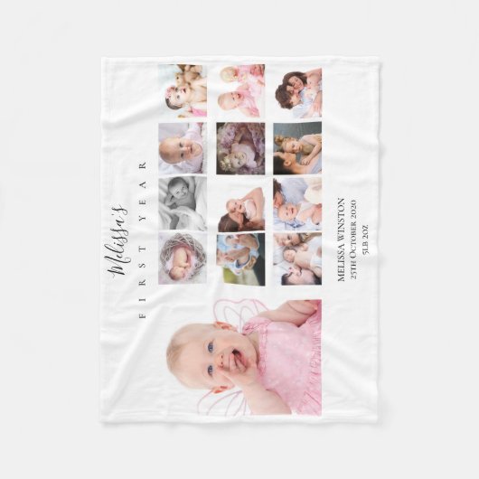 女の赤ちゃん1年写真コラージュ12カ月の贈り物 フリースブランケット (正面)
