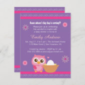 女の赤ちゃん、かわいいフクロウのベビーシャワー 招待状 (正面/裏面)