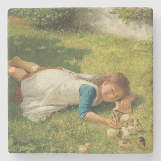 女の遊子とチックス（鶏と鶏） ストーンコースター (正面)