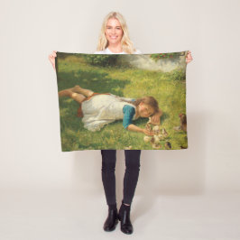 女の遊子とチックス（鶏と鶏） フリースブランケット