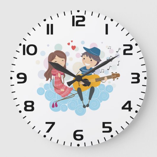 女の遊子の愛と音楽のための少年のギター ラージ壁時計 (正面)
