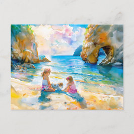 女の遊子の海辺の岩のアーチの水色 シーズンポストカード