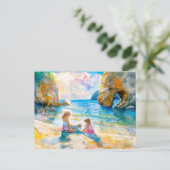 女の遊子の海辺の岩のアーチの水色 シーズンポストカード (スタンド正面)