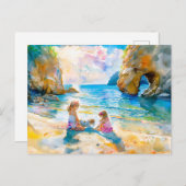 女の遊子の海辺の岩のアーチの水色 シーズンポストカード (正面/裏面)
