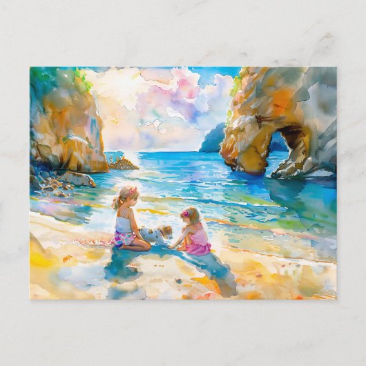 女の遊子の海辺の岩のアーチの水色 シーズンポストカード (正面)