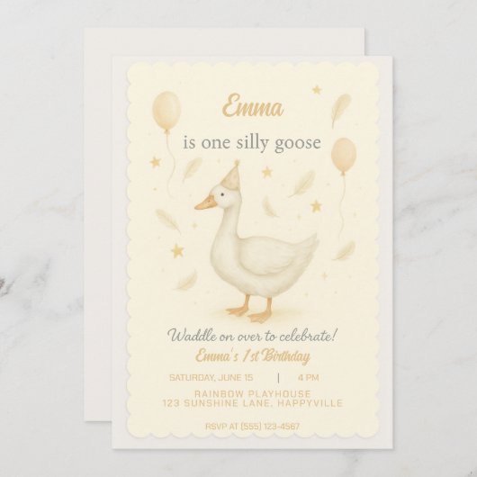 女の間抜け子のためのワンガチョウ1番目の誕生日パーティー 招待状 (正面/裏面)