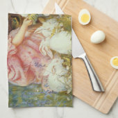 女の食べ物を与え子のウサギ キッチンタオル (四つ折り)