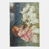 女の食べ物を与え子のウサギ キッチンタオル (縦)