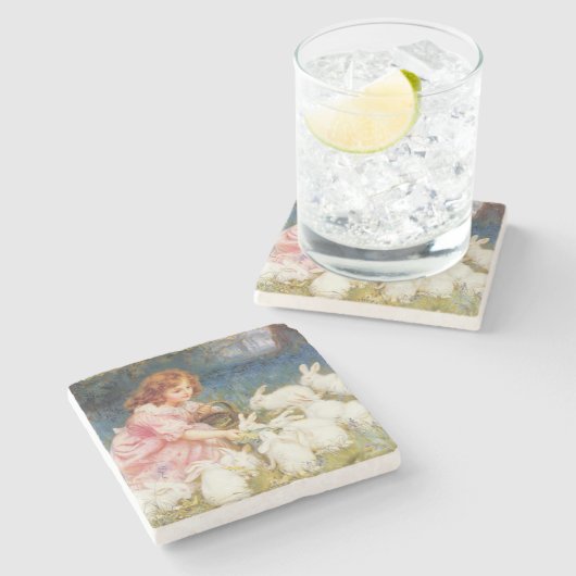 女の食べ物を与え子のウサギ（フレデリック・モーガン） ストーンコースター (横)