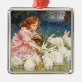 女の食べ物を与え子のウサギ（フレデリック・モーガン） メタルオーナメント