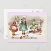 女の食べ物を与え子の鳥と木のヴィンテージ ポストカード (正面/裏面)