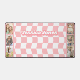 女の10代の子ピンクチェッカーボードかわいい写真コラージュ デスクマット