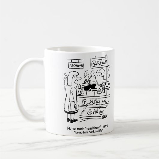 女は男を生き返らせる香水を欲しがる コーヒーマグカップ (左)