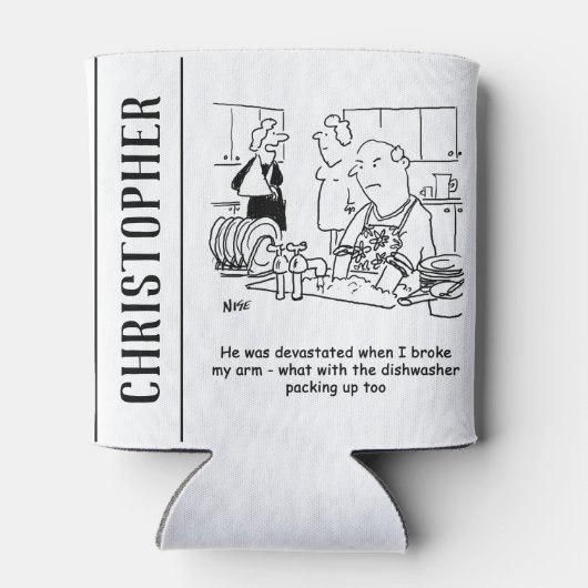 女は腕を折って人が皿を洗う。おもしろい 缶クーラー (裏面)