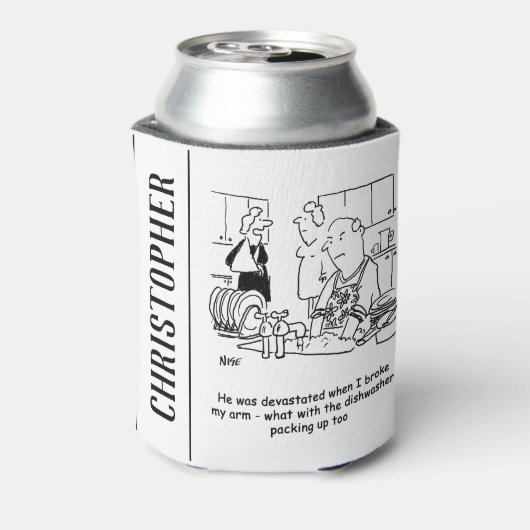 女は腕を折って人が皿を洗う。おもしろい 缶クーラー (缶裏面)