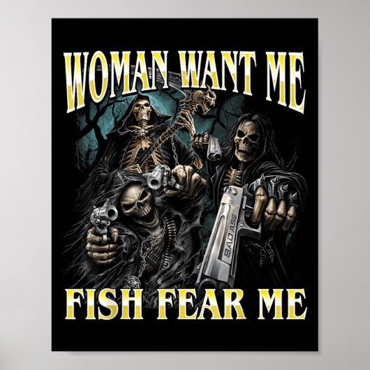 女は魚が欲しい 怖い おもしろ ハード スケルトン ミーム ポスター (正面)