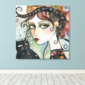 女エレガントと猫の引き伸ばしキャンバス印刷 キャンバスプリント (インサイチュ (ウッドフロア))