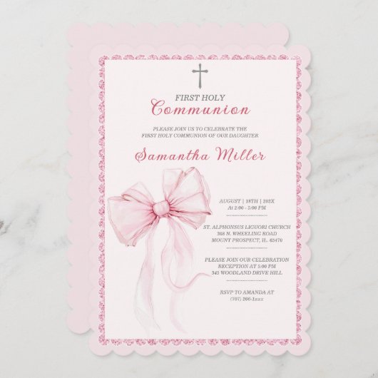 女エレガントの子のためのピンクの最初の聖餐式 招待状 (正面/裏面)