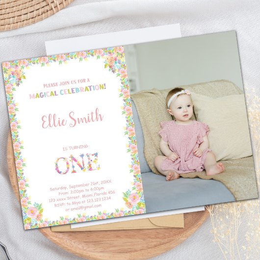 女エレガントの子のためのピンク&グリーンガーデンパーティー 招待状