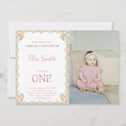 女エレガントの子のためのピンク&グリーンガーデンパーティー 招待状 (正面)