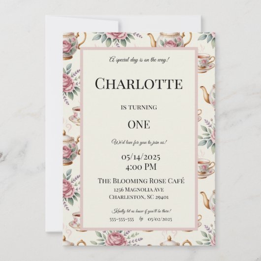 女エレガントの子のための茶パーティー誕生日招待状 招待状 (正面)