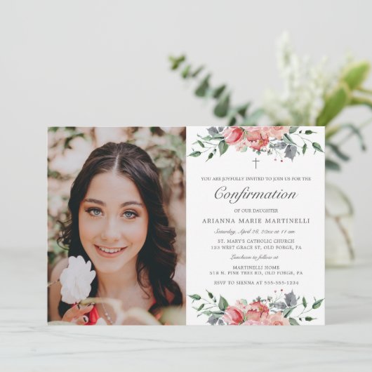 女エレガントの子の写真のピンクのフローラの確認 招待状 (スタンド正面)