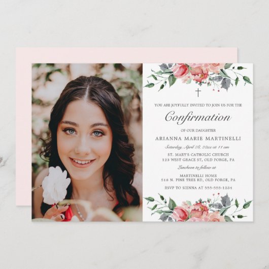 女エレガントの子の写真のピンクのフローラの確認 招待状 (正面/裏面)