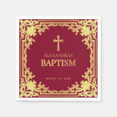 女エレガントの子バプテスブルゴーニュフェイクーゴールドフォイルクロス スタンダードカクテルナプキン (正面)