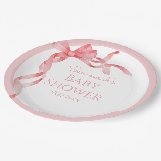 女エレガントの子ピンクの弓の赤ちゃんシャワー ペーパープレート (アングル)